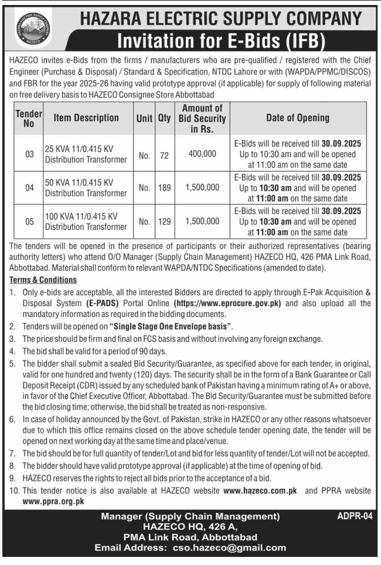 Hazara Electric Supply Company Limited Tender Notice